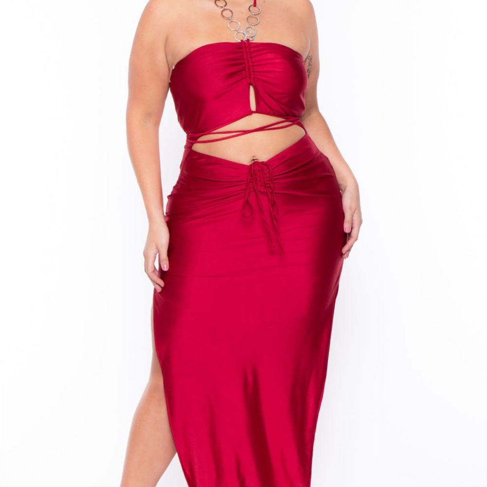 Strapless Ruched Maxi Dress in Berry Red